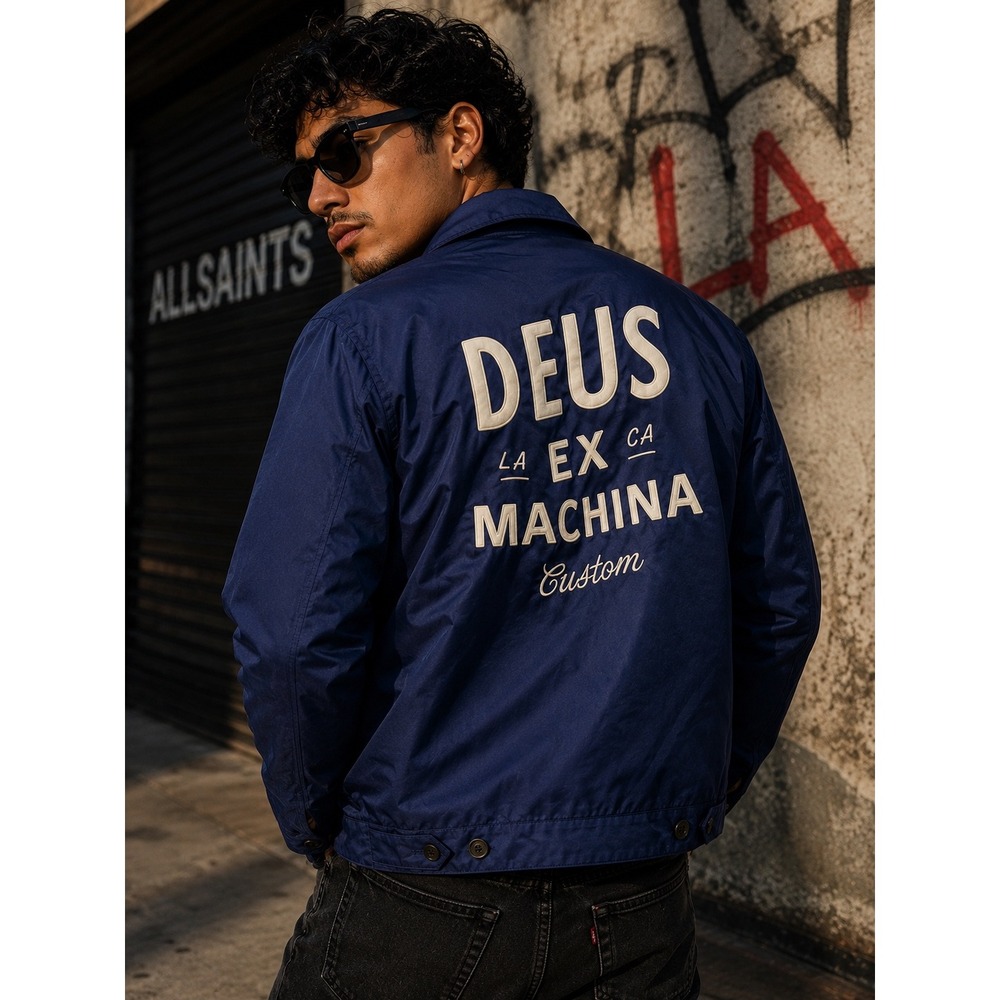 Deus Ex Machina Custom Navy Blue Coach Jacket Embroidered Logo Mens Medium